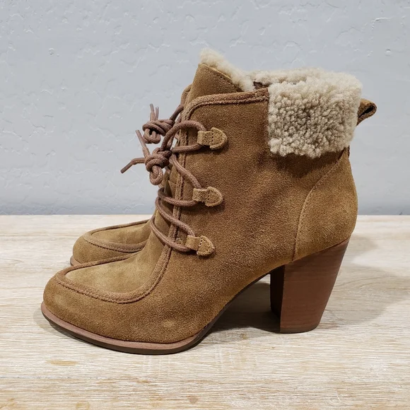 NWOB! UGG "ANALISE" Women's Suede Sheepskin High Heel Ankle Boots (8) Chestnut - Picture 1 of 10